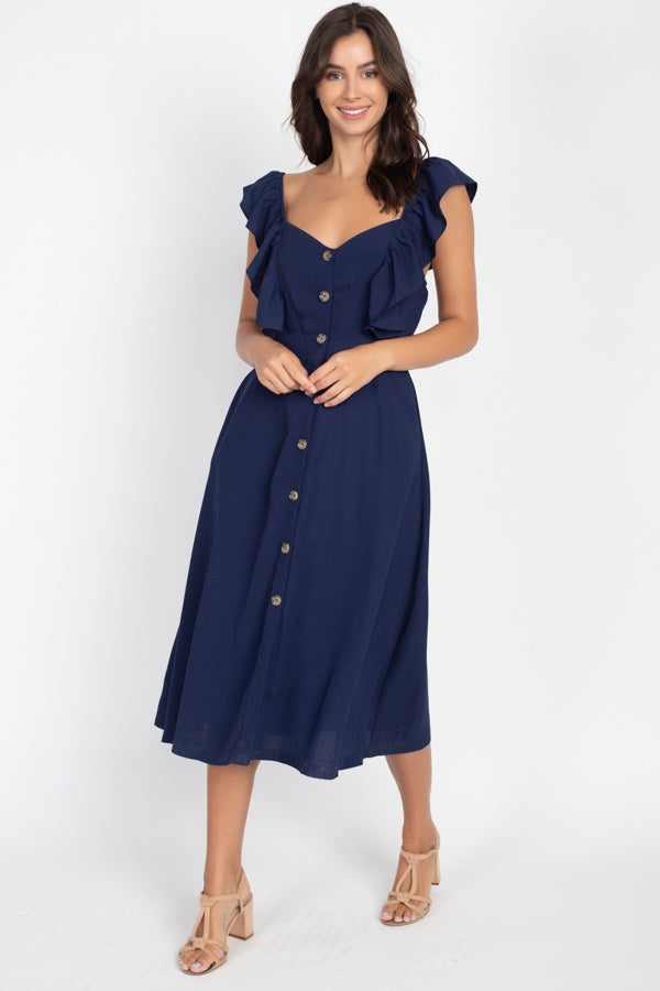 Button Front Ruffle Midi Dress - Deals Kiosk