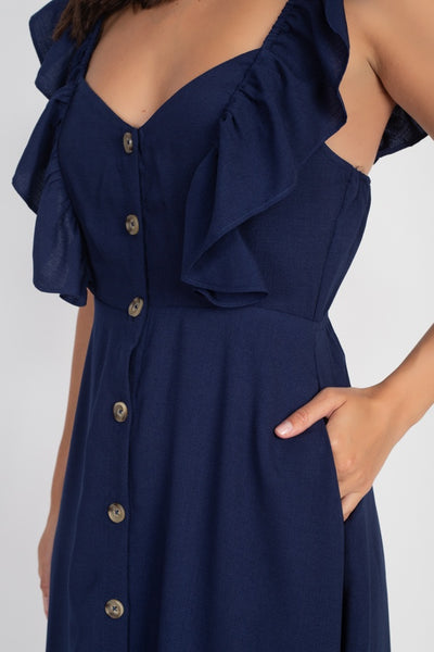 Button Front Ruffle Midi Dress - Deals Kiosk