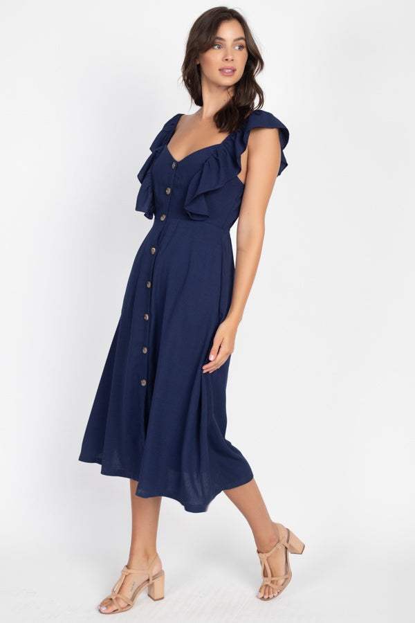 Button Front Ruffle Midi Dress - Deals Kiosk