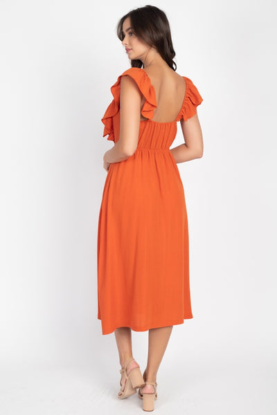Button Front Ruffle Midi Dress - Deals Kiosk