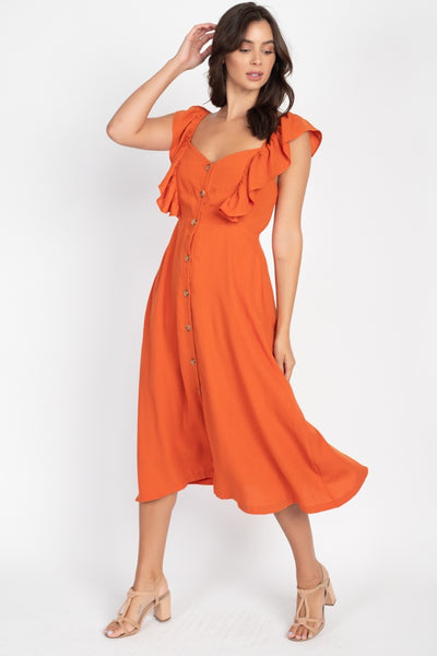 Button Front Ruffle Midi Dress - Deals Kiosk