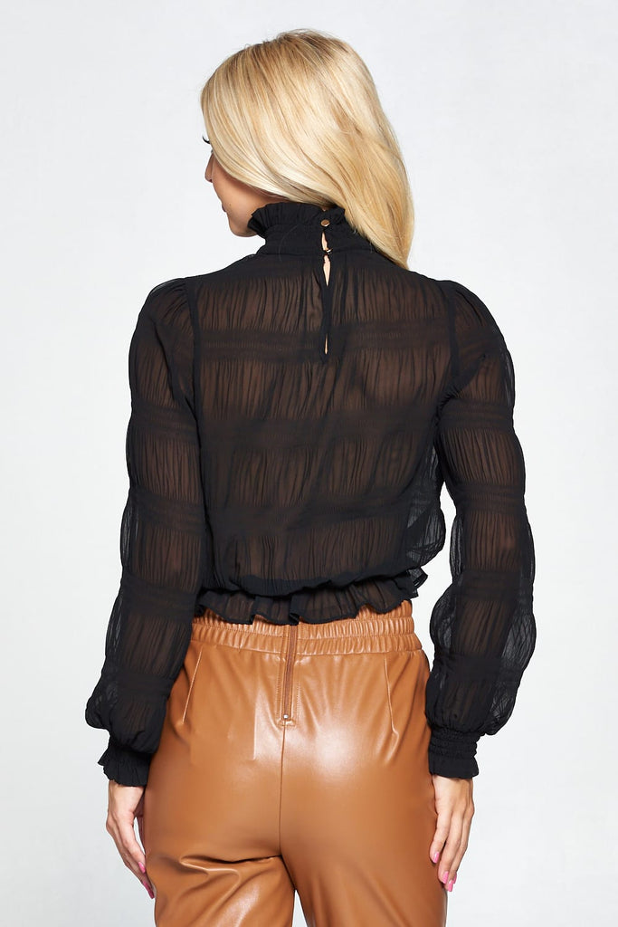 Pleated Chiffon Mock Neck Blouse - Deals Kiosk