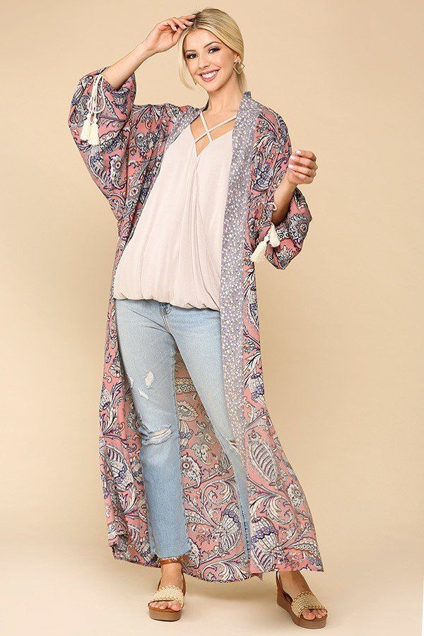 Mix-printed Open Front Kimono With Side Slits - Deals Kiosk
