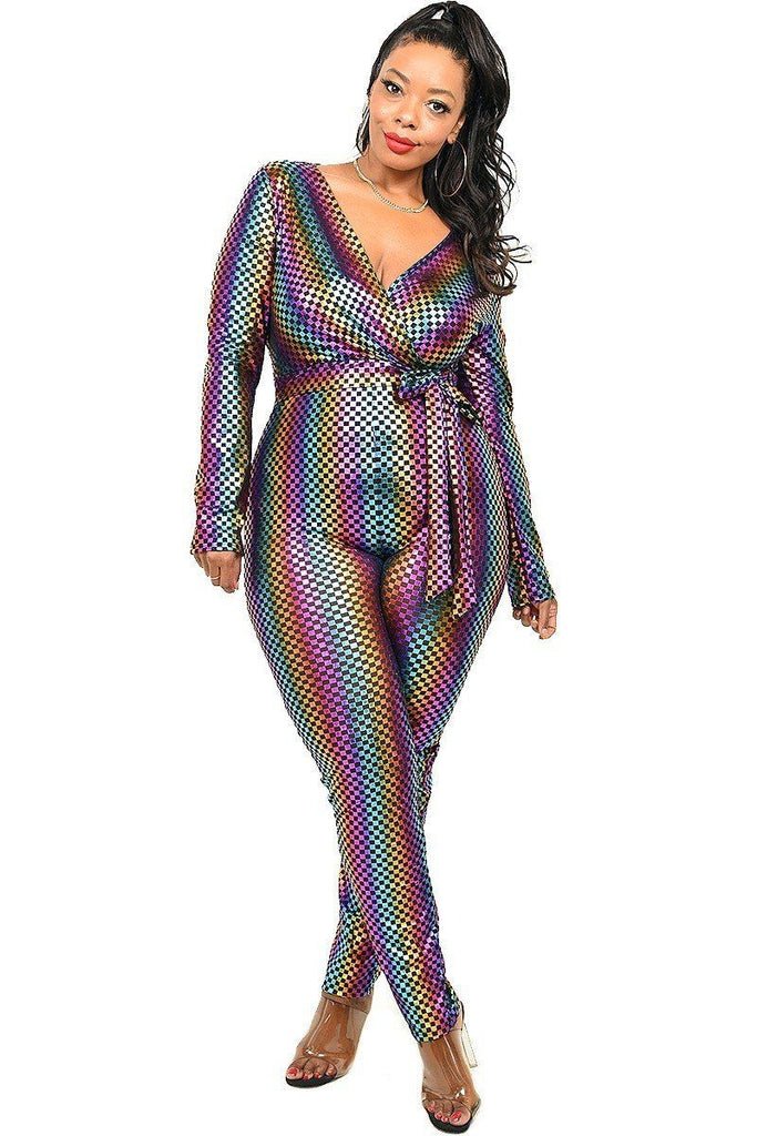Plus Sequin Striped Surplice Jumpsuit - Deals Kiosk