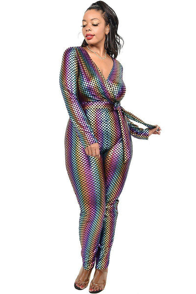 Plus Sequin Striped Surplice Jumpsuit - Deals Kiosk