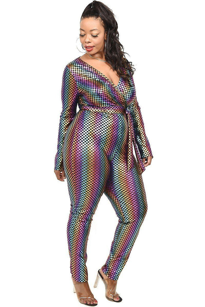 Plus Sequin Striped Surplice Jumpsuit - Deals Kiosk