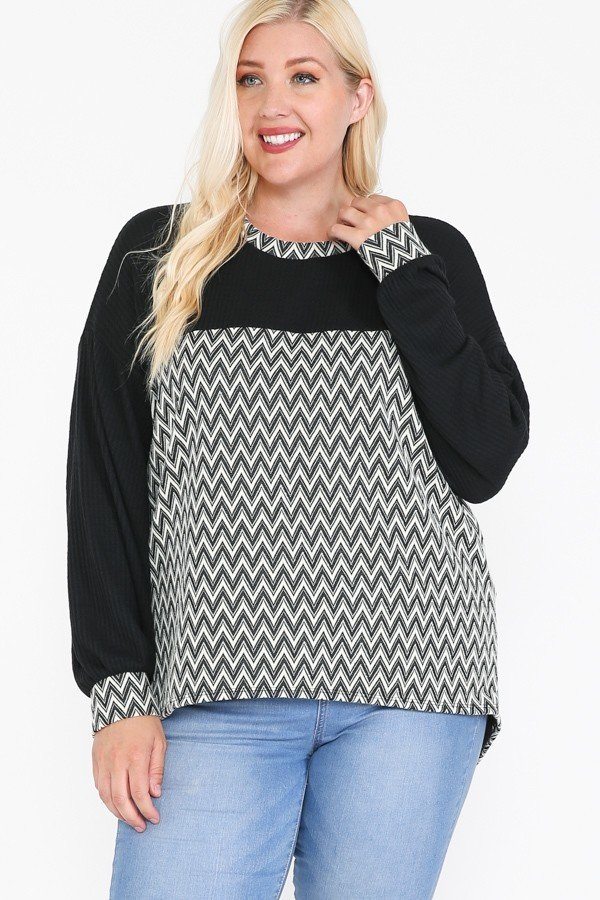 Jacquard Contrast With Drop Shoulder Long Sleeve Round Hem Top - Deals Kiosk