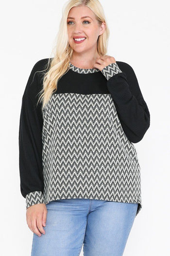 Jacquard Contrast With Drop Shoulder Long Sleeve Round Hem Top - Deals Kiosk
