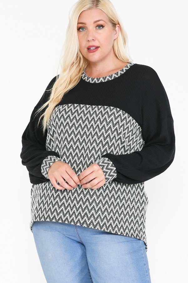 Jacquard Contrast With Drop Shoulder Long Sleeve Round Hem Top - Deals Kiosk