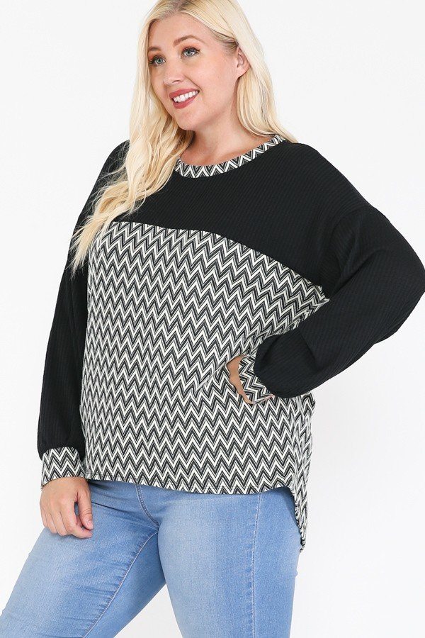 Jacquard Contrast With Drop Shoulder Long Sleeve Round Hem Top - Deals Kiosk