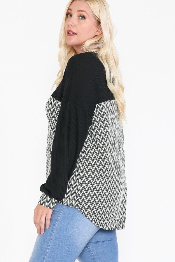 Jacquard Contrast With Drop Shoulder Long Sleeve Round Hem Top - Deals Kiosk
