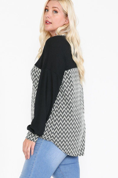 Jacquard Contrast With Drop Shoulder Long Sleeve Round Hem Top - Deals Kiosk