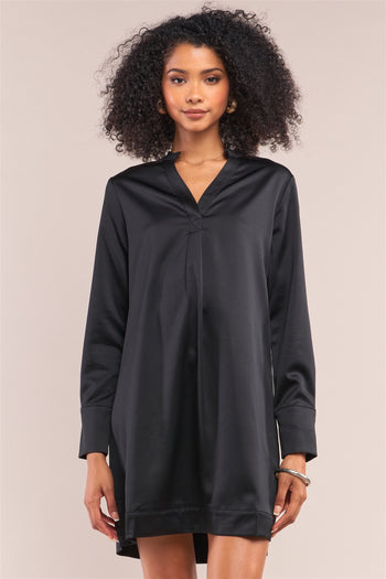 Jet Black Satin V-neck Long Sleeve Relaxed Fit Shirt Dress - Deals Kiosk
