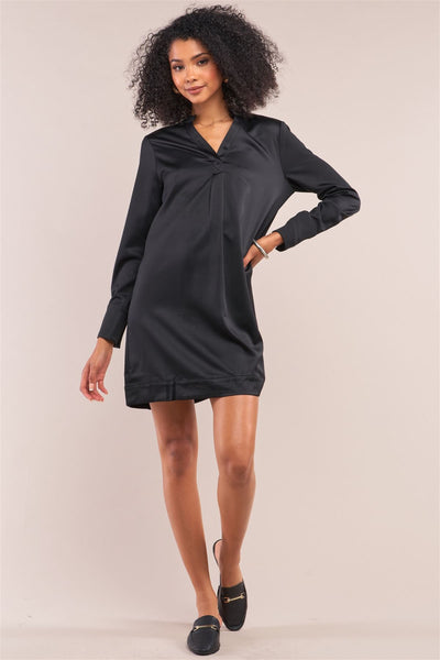 Jet Black Satin V-neck Long Sleeve Relaxed Fit Shirt Dress - Deals Kiosk
