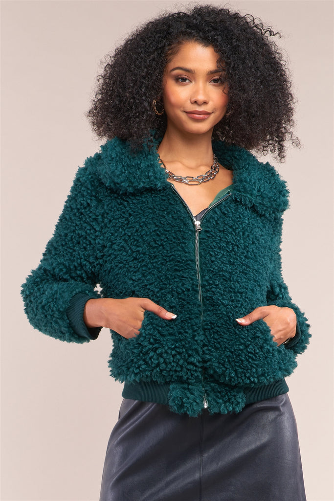 Hunter Green Long Sleeve Zip Front Faux Fur Bomber Jacket - Deals Kiosk