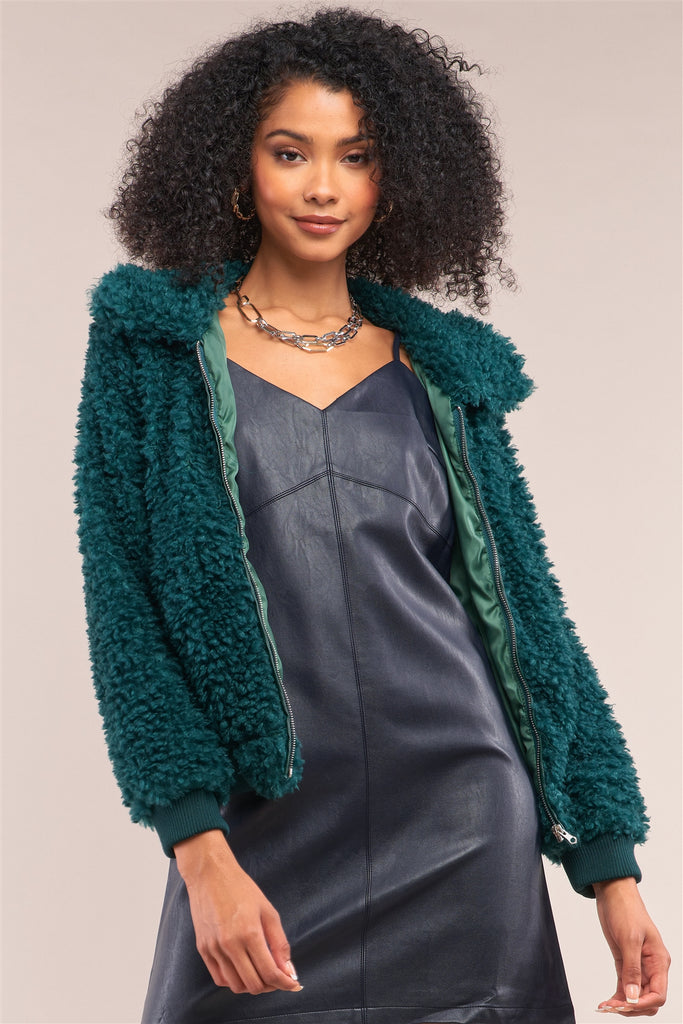 Hunter Green Long Sleeve Zip Front Faux Fur Bomber Jacket - Deals Kiosk