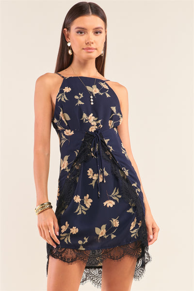 Navy Multi Floral Halter Neck Sleeveless Front Self-tie Lace Trim Slip Mini Dress - Deals Kiosk