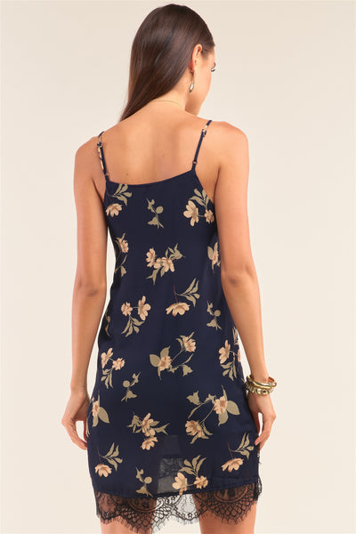 Navy Multi Floral Halter Neck Sleeveless Front Self-tie Lace Trim Slip Mini Dress - Deals Kiosk