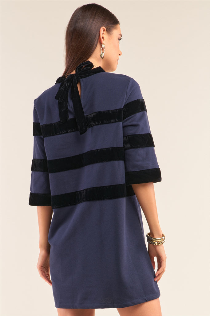 Navy Contrast Velvet Round Neck Open Back Self-tie Keyhole 3/4 Sleeve Mini Dress - Deals Kiosk