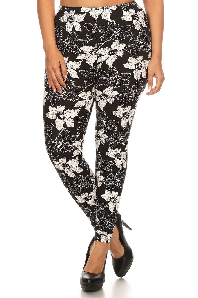 Plus Size Floral Pattern Printed Knit Legging With Elastic Waistband - Deals Kiosk