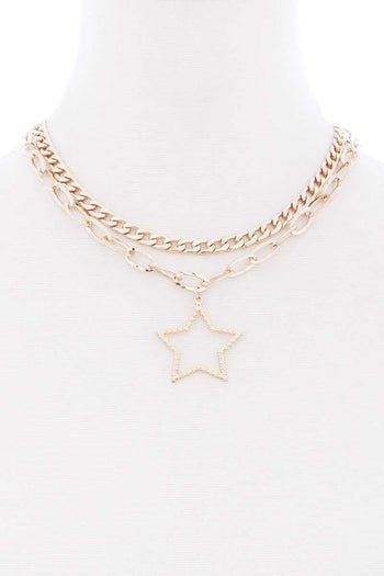 Chunky 2 Layered Chain Star Pendant Metal Necklace - Deals Kiosk
