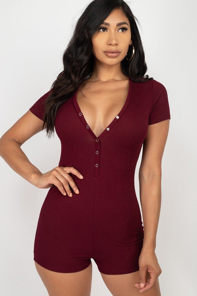 Button Trim Romper - Deals Kiosk