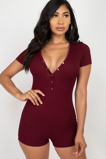 Button Trim Romper - Deals Kiosk
