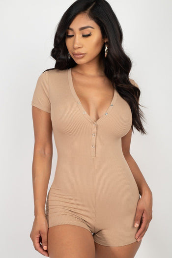 Button Trim Romper - Deals Kiosk