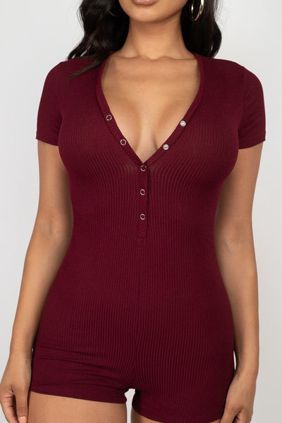 Button Trim Romper - Deals Kiosk