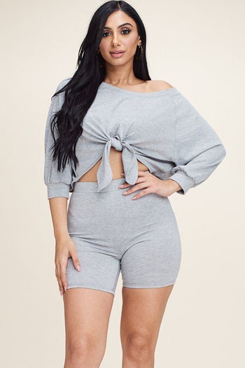 Solid French Terry Tie Front Off The Shoulder Slouchy Top And Shorts Two Piece Set - Deals Kiosk