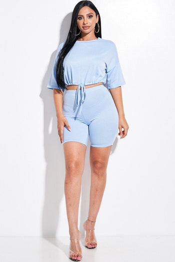 Solid French Terry Short Sleeve Tie Front Top And Biker Shorts 2 Piece Set - Deals Kiosk