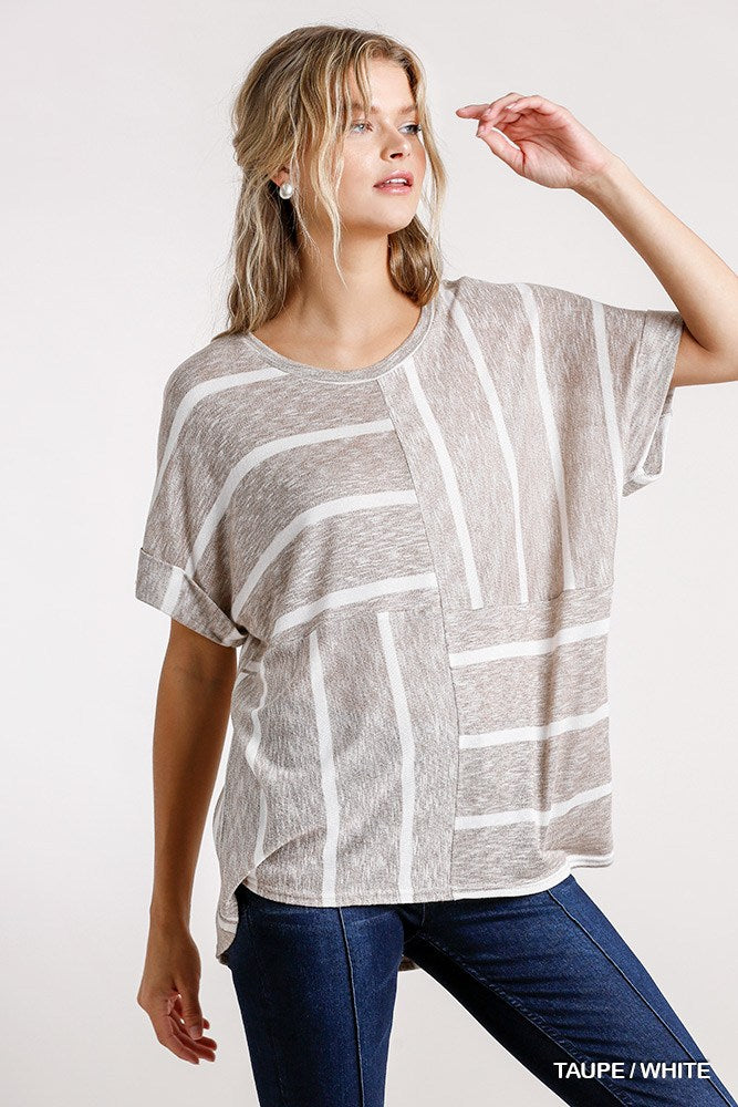 Horizontal And Vertical Striped Short Folded Sleeve Top With High Low Hem - Deals Kiosk