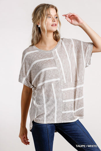 Horizontal And Vertical Striped Short Folded Sleeve Top With High Low Hem - Deals Kiosk