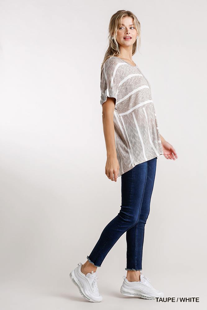 Horizontal And Vertical Striped Short Folded Sleeve Top With High Low Hem - Deals Kiosk