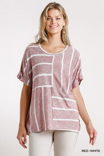 Horizontal And Vertical Striped Short Folded Sleeve Top With High Low Hem - Deals Kiosk