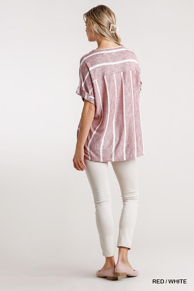 Horizontal And Vertical Striped Short Folded Sleeve Top With High Low Hem - Deals Kiosk