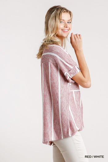 Horizontal And Vertical Striped Short Folded Sleeve Top With High Low Hem - Deals Kiosk