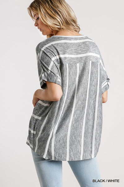Horizontal And Vertical Striped Short Folded Sleeve Top With High Low Hem - Deals Kiosk