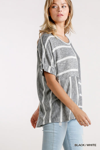 Horizontal And Vertical Striped Short Folded Sleeve Top With High Low Hem - Deals Kiosk