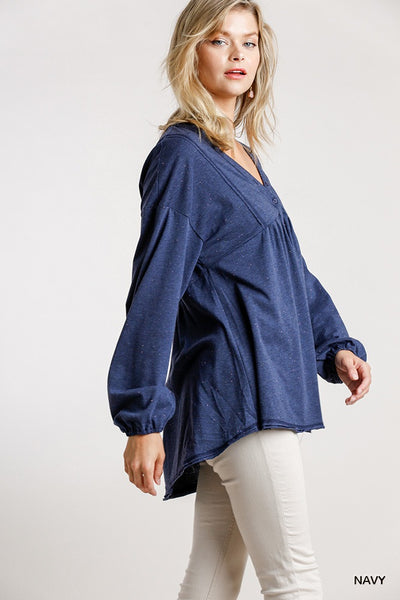 Confetti Detailed Long Puff Sleeve Babydoll Top With Button Front And Raw Hem - Deals Kiosk
