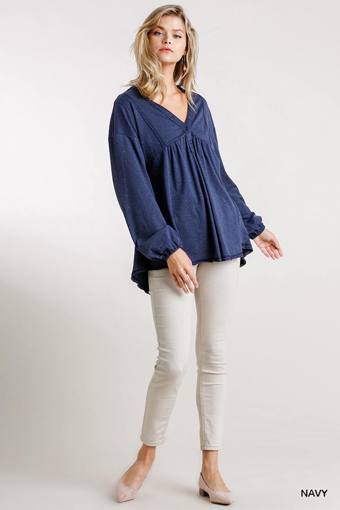 Confetti Detailed Long Puff Sleeve Babydoll Top With Button Front And Raw Hem - Deals Kiosk