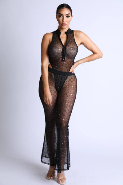 Diamond Mesh Bodysuit Set With Flared Pants - Deals Kiosk