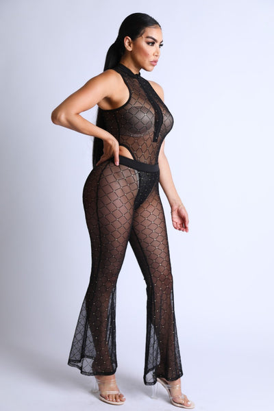 Diamond Mesh Bodysuit Set With Flared Pants - Deals Kiosk