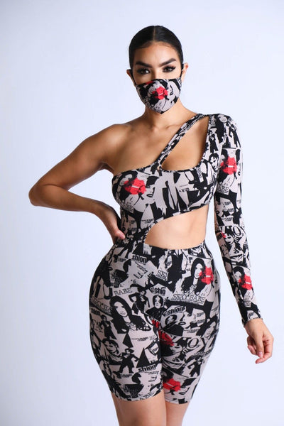 One Shoulder Bodysuit With Biker Short Set - Deals Kiosk