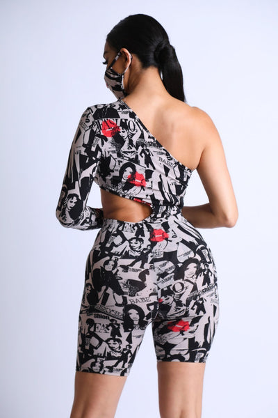 One Shoulder Bodysuit With Biker Short Set - Deals Kiosk