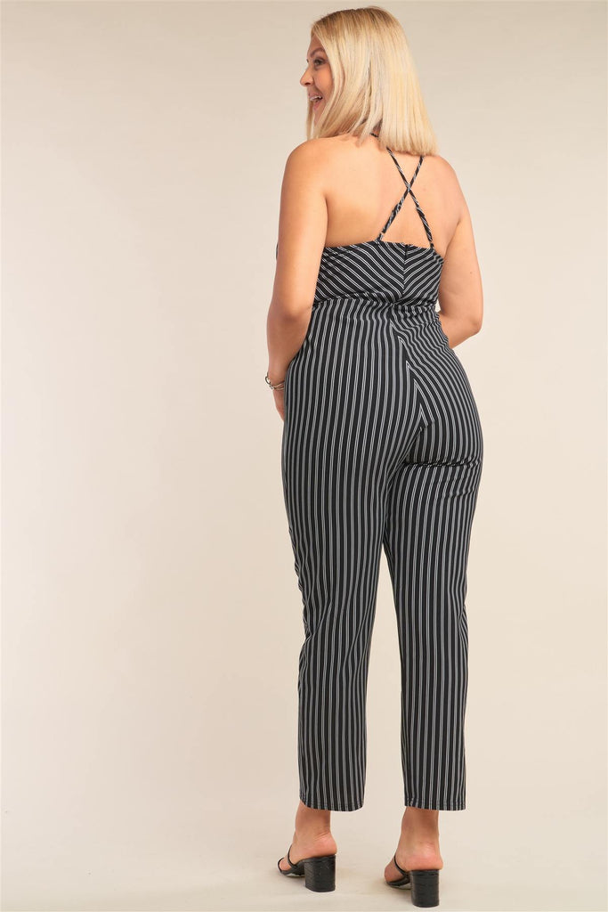 Plus Size Black & White Striped Wrap Sleeveless Criss-cross Strap Deep Plunge V-neck Jumpsuit - Deals Kiosk