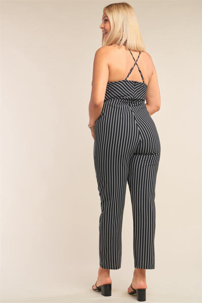 Plus Size Black & White Striped Wrap Sleeveless Criss-cross Strap Deep Plunge V-neck Jumpsuit - Deals Kiosk