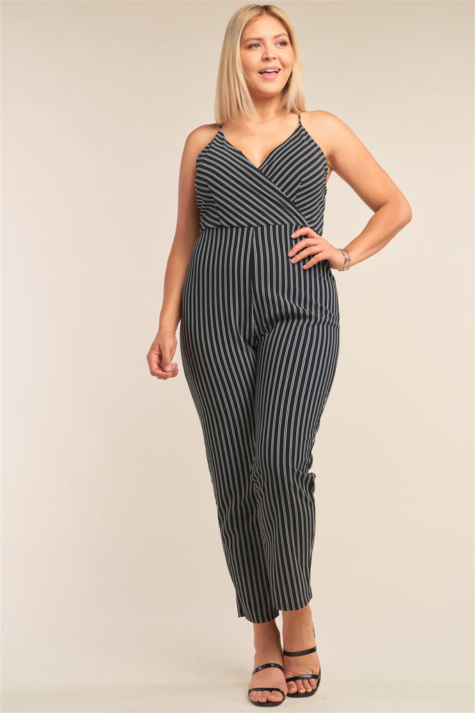 Plus Size Black & White Striped Wrap Sleeveless Criss-cross Strap Deep Plunge V-neck Jumpsuit - Deals Kiosk