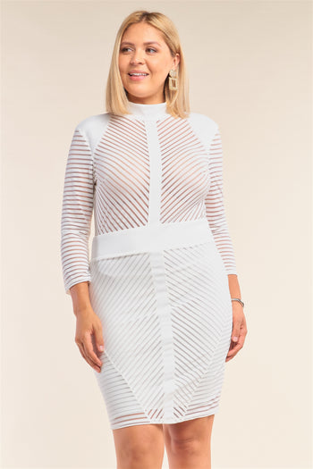 White Plus Size Long Sleeve Chevron Sheer Bodycon Mini Dress - Deals Kiosk