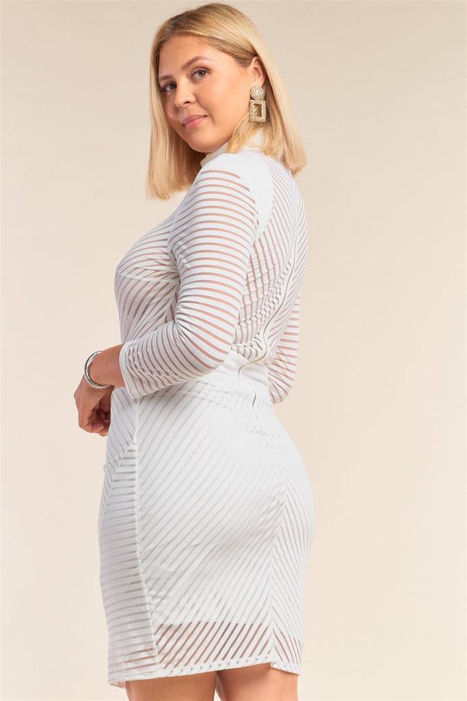 White Plus Size Long Sleeve Chevron Sheer Bodycon Mini Dress - Deals Kiosk